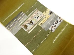 変わり織短冊に変わり横段・花模様織出しリバーシブル袋帯